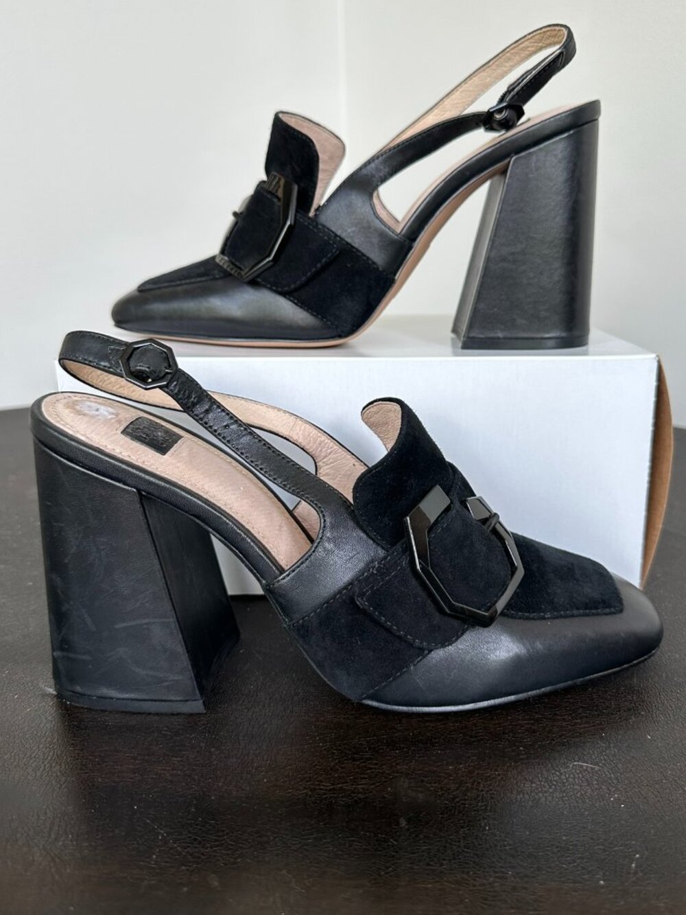 Louise et Cie Ilsa Black Leather Suede Buckle Slingback Heels 9.5